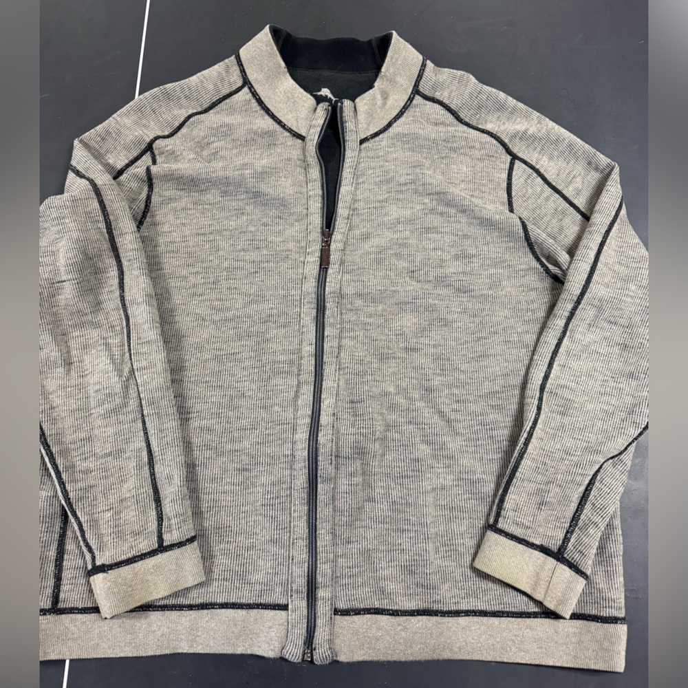 Tommy Bahama black and beige reversible Zip-Up Sweater with Black Trim